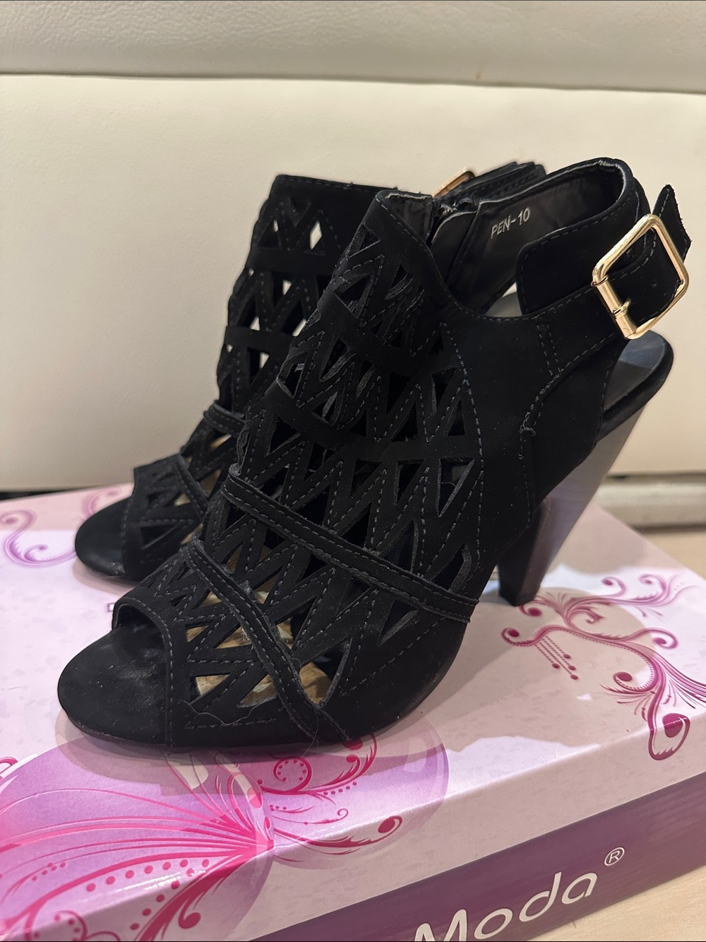 TOP Moda Black Laser-Cut Peep-Toe Heels with Gold Buckle